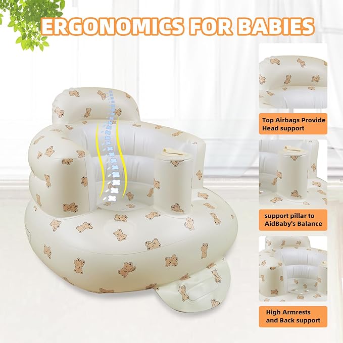 AGITVPS Upgrade Inflatable Baby Seat with Tray for Babies 3-36 Months, Built in Air Pump Bumbo Seat with Tray, Baby Chair Sit Me up Floor Seat for Baby, Learning to Sit&Feeding (Pillar-Bear Cub)