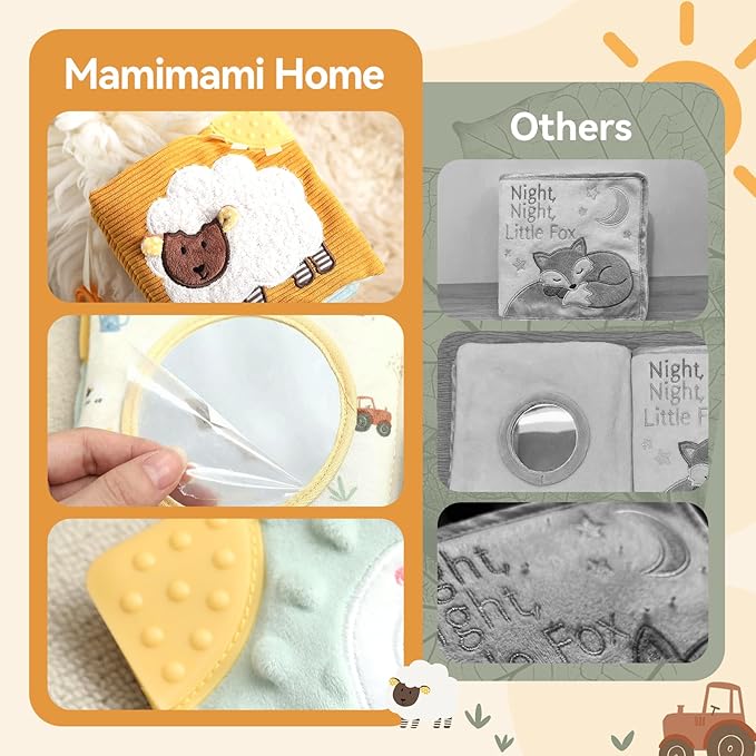 Mamimami Home Soft Baby Book with Teether & Mirror, Sensory Crinkle Cloth Books for Babies 0-12 Months, Montessori Farm Animal Tummy Time Toys, Portable Busy Book, Infant Toy for Newborn Shower Gift