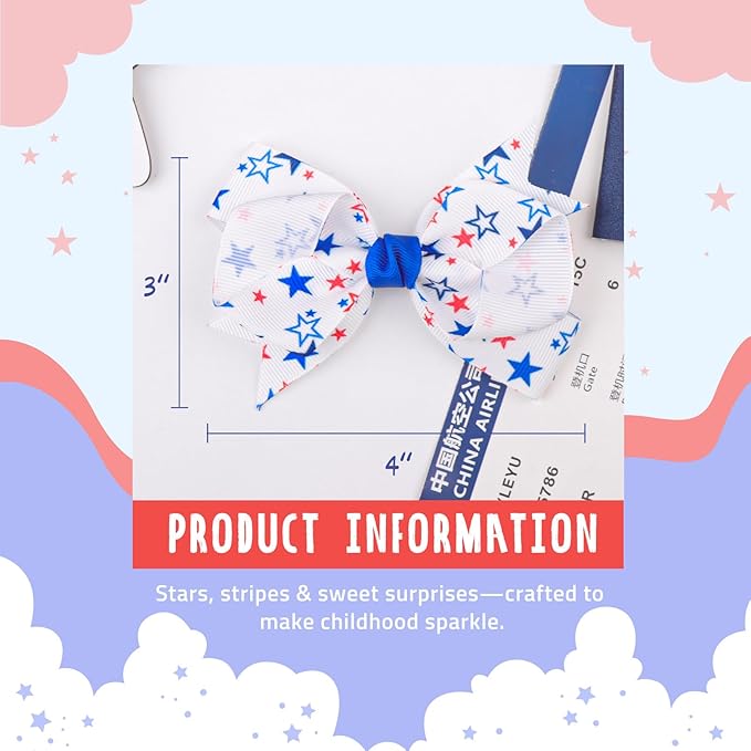 YanJie 2pcs 4th of July Hair Clips 4'' Blue Bow Stars Baby Girls Clips American Flag Hair Bow Patriotic Hairgrips Hair Accessories Independence