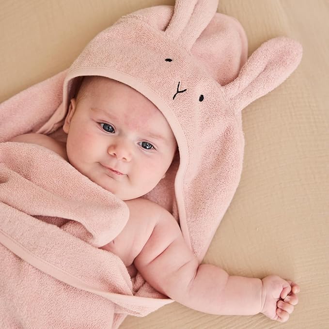 Hooded Baby Towels - 100% Organic Cotton Baby Bath Towels, 32" x 32" Super-Soft and Absorbent Baby Towels for Newborn Baby Girls 2-Pack (Rabbit Blush)