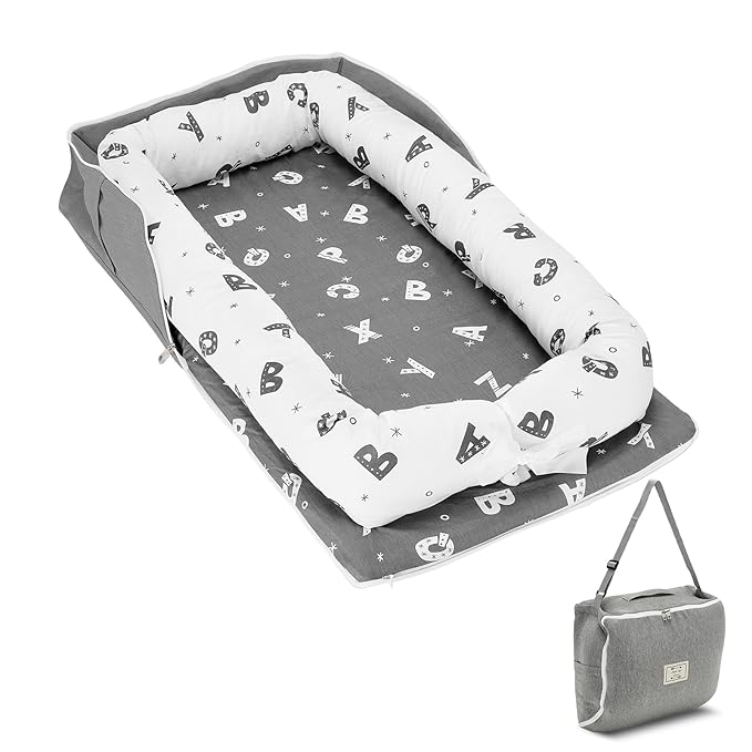 Baby Lounger 0-24 Months for Newborn to Toddler - Portable Baby Lounger for Travel with Cotton Infant Nest, Adjustable Safety Bumper & Baby Lounger Pillow - Letter Grey