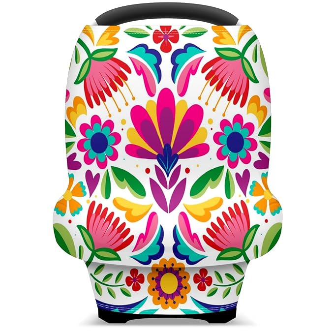 Baby Car Seat Stroller Covers Spring Mexican Flower Leaf Nursing Cover Breastfeeding Scarf Soft Breathable Stretchy Infant Car Canopy Coverage Carseat Cover for Boys and Girls Multi Use