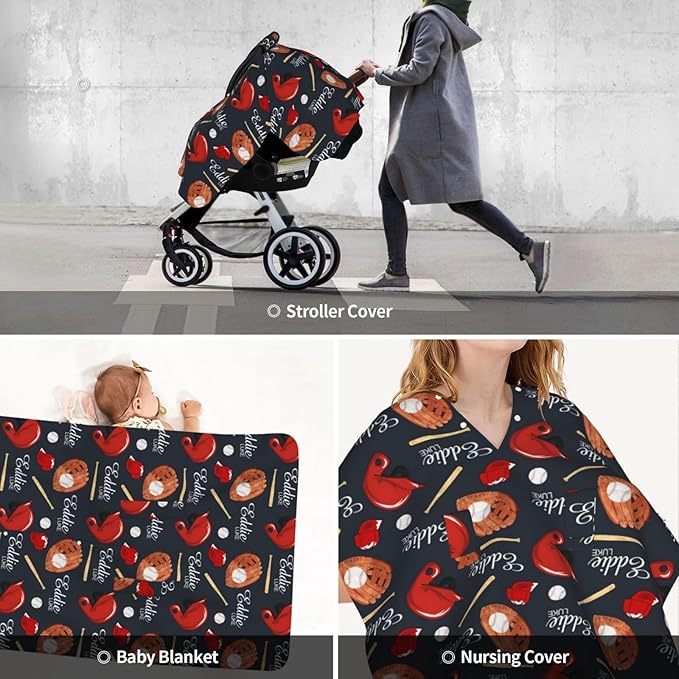 Personalized Baby Car Seat Canopy for Babies, Custom Name Baby Car Seats Covers for Boys, Opening Minky Nursing Breastfeeding Cover for Infant, Carseat Canopies for Newborn (Baseball Theme)