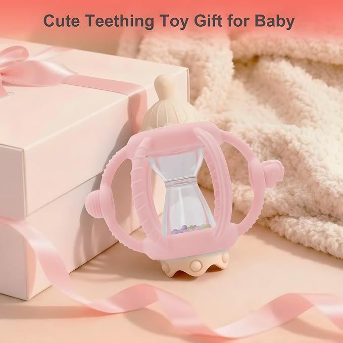 Baby Carousel Teething Toy with Soft Silicone & ABS, 2-in-1 Rattle and Removable Teether Ring, BPA-Free Multi-Sensory Toy for Infants 0–12 Months Newborn Gift for Boys and Girls (Pink)