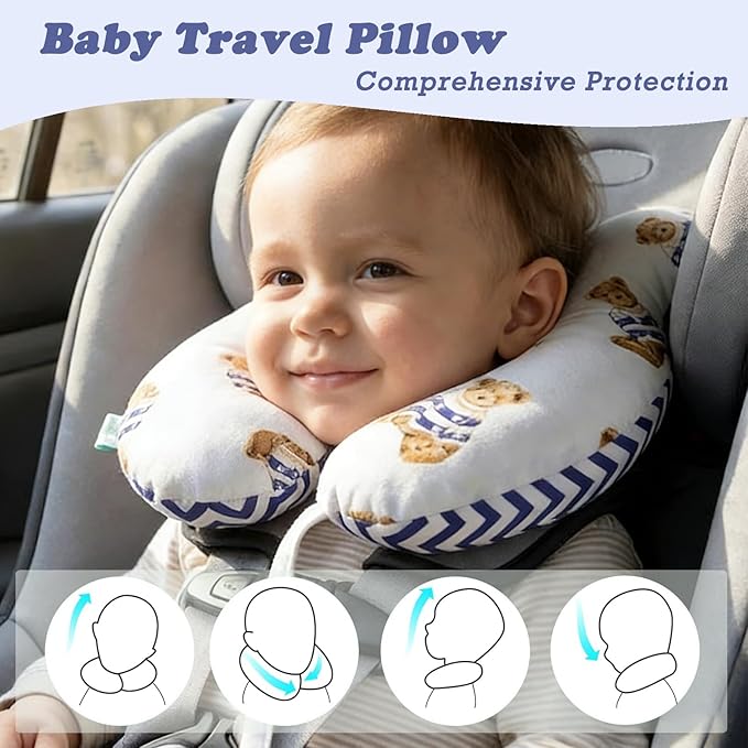 Toddler Travel Comfort Pillow for Car Seat and Stroller, Soft U-Shape Reversible Seat Accessory for Baby, Brown Bear