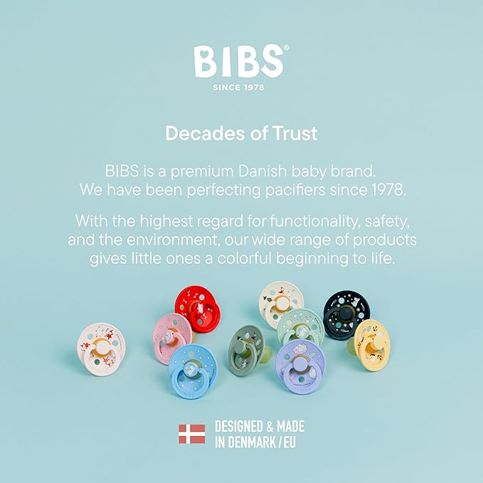 BIBS Colour Moomins Pacifier 2-Pack, BPA Free Pacifier, Round Nipple. Natural Rubber Latex, Made in Denmark, Size 1 (0-6 Months), Baby Pink/Hush