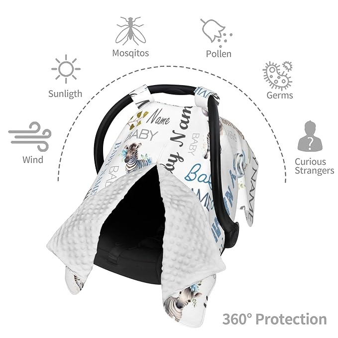 Personalized Baby Car Seat Cover Winter Custom Minky Carseat Cover Boy Girls with Name Zebra Carseat Canopy Customized Car Seat Canopy Infant Carrier Covers Nursing Cover Toddler Blanket