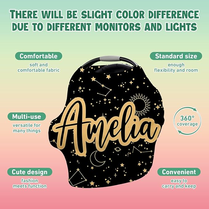 Custom Name Car Seat Canopy - Baby Car Seat Covers, Black Star Infant Stroller Cover, Carseat Canopy Christmas Birthday Gifts for Girls and Boys