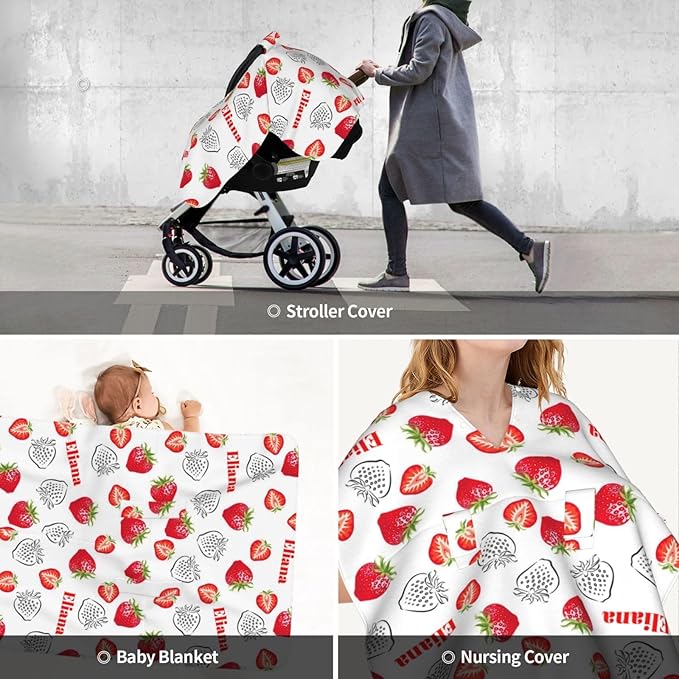 Personalized Baby Car Seat Canopy with Name, Strawberries Nursing Cover & Infant Car Seat Canopy, Shower Gift for Newborn Baby Girls