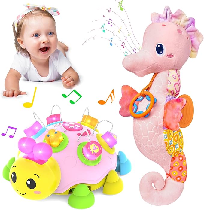 Baby Toys 6-12 Months,Musical Ladybug Crawling Toy and Seahorse Plush Toy for Infants 0-3-6 7 8 9 10 12-18 Months,Early Education Light Up Music，Shape Matching,Tummy Time Toys for Boy Girl Gift.