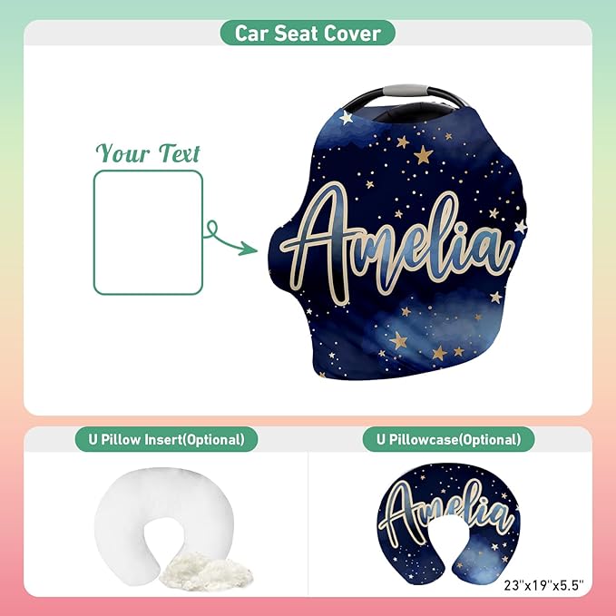 Personalised Car Seat Cover for Babies - Multi-use Carseat Canopy Cover with Name, Dark Blue Star Car Seat Covers, Christmas Birthday Gifts for Infant Boys and Girls