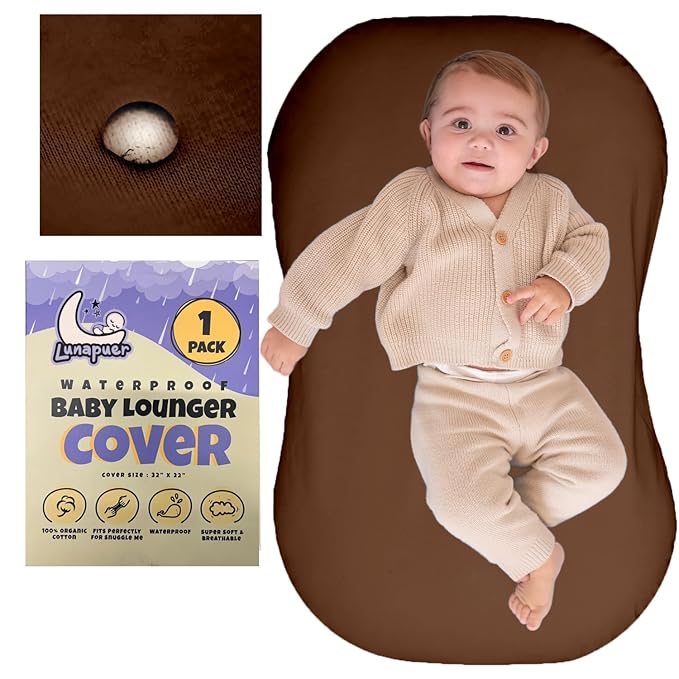 100% Waterproof Baby Lounger Cover - 2-Ply Organic Cotton Slipcovers Keep Your Lounger Clean & Your Baby Comfy - Machine Washable - (Lounger Not Included) - Brown