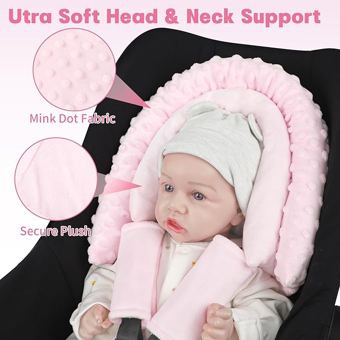 Infant Car Seat Insert, Baby Car Seat Head & Body Support with 2 Straps Pads, Ultra Soft Newborn Preemie Carseat Insert Cushion for Girls Boys, Fits Car Seat, Stroller, Swing, Bouncer, Pink