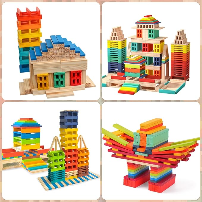 Hayder Classic Wooden Building Blocks Set, 100PCS Solid Wood Blocks in 9 Colors Stacking Educational Toy Set for Kids