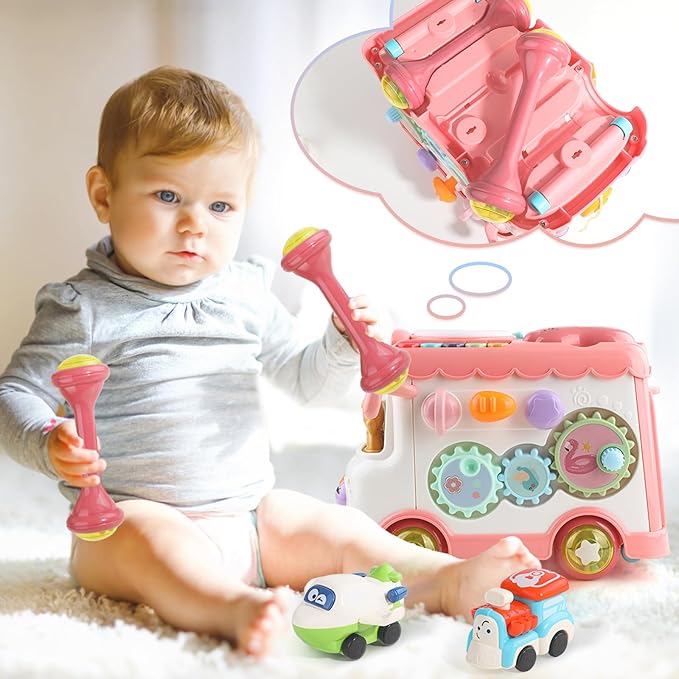 Montessori Toy for 1+ Year Old Girls, 10-in-1 Musical Learning Bus Baby Toys for 12-18 Months Present, Educational Developmental Sensory Toy, First Birthday Gifts for 1 Year Old Girl Toddlers