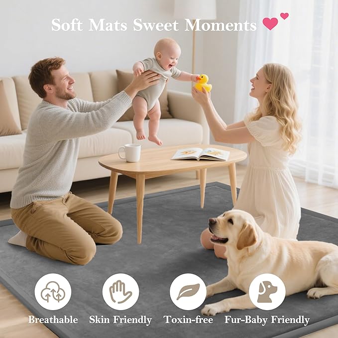 Baby Play Mat for Floor, 1.3"Thick Extra Large Cushioning Memory Foam Playpen Mat, Soft Coral Velvet Baby Crawling Mat with Non-Slip Backing for Toddlers,Infants,Kids,Yoga Mat (Dark Gray 79"×118")
