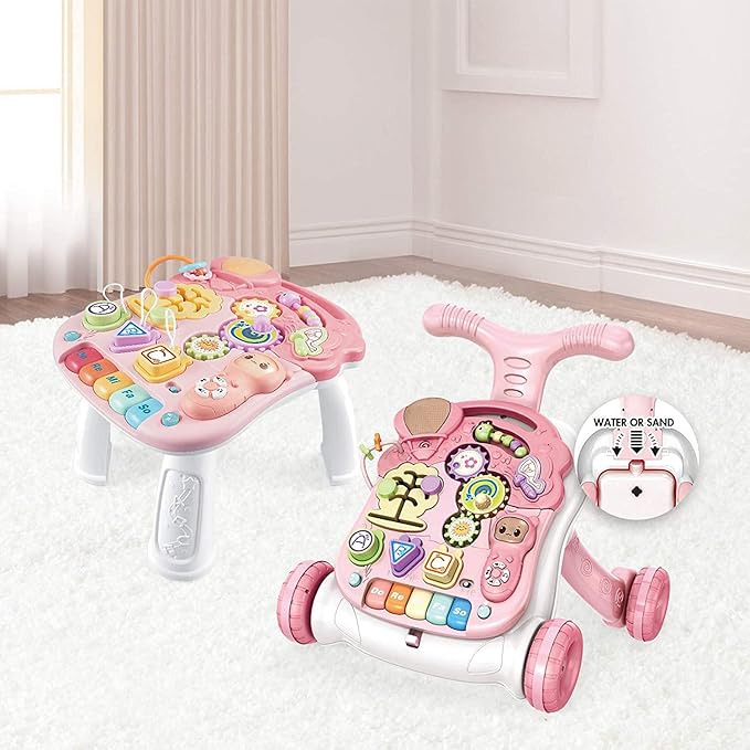 Baby Sit-to-Stand Learning Walker, 2 in 1 Baby Walker for Girls Boys, Educational Baby Push Walkers with Entertainment Activity Table, Baby Music Learning Toy Gift for Infant Boys Girls (Pink)