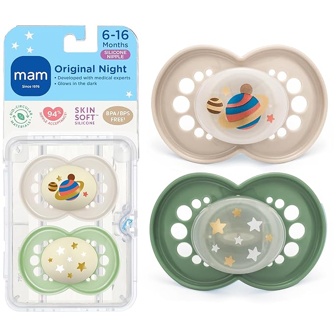 MAM Original Baby Pacifiers 6-16 Months, Binky for Newborn Babies, BPA-Free Skin Soft Silicone Nipple, Glows in The Dark, Developed with Medical Experts, 2 Count, Sterilizer Case, Made in Europe