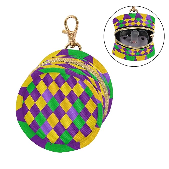 Pacifier Holder with Clip Pacifier Case for Diaper Bag Round Baby Pacifier Pouch Box Bag Portable Mardi Gras Argyle Purple