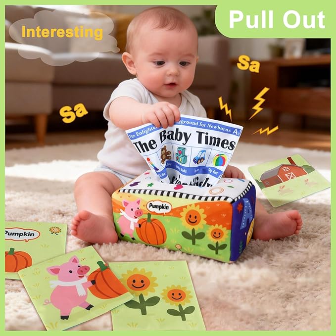 KUANGO Baby Toys 6-12 Months Tissue Box Toy, Soft Crinkle Stuffed Montessori Toys for 6 7 8 9 10 Month Old Infant Sensory Newborn Toys Baby Boys Girls Gifts