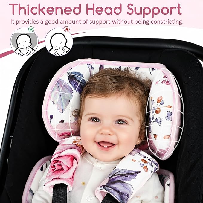 Infant Car Seat Insert with 3 Straps Covers, Ultra-Thick Baby Car Seat Head Support for Side Impact Protection, Minky Dot Baby Car Seat Cushion, Universal Pink Carseat Head Support for Newborn