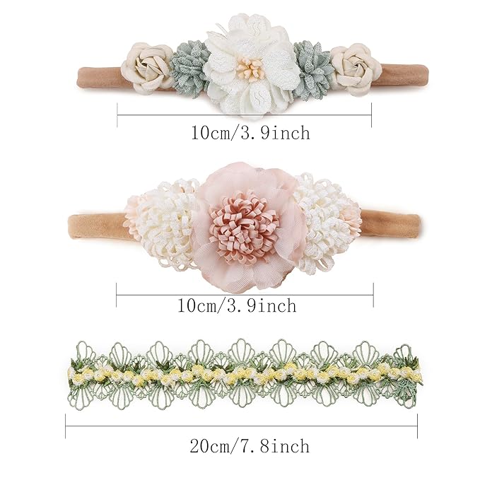 Baby Girl Flower Headbands and Bows, Stretchy Soft Nylon Floral Crown, 3pcs Handmade Hair Accessories for Newborn Infant Toddler