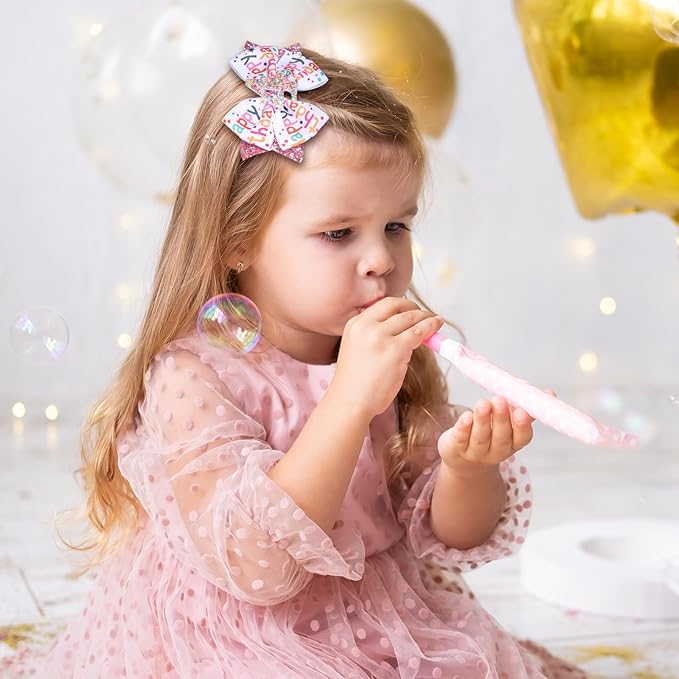 4" Glitter Happy Birthday Hair Bow Clips for Girls Ages 1-6, Pink Ribbon Cheer Bow Barrettes Alligator Hairpins, Confetti Ice Cream Party Dress Accessories, Her 4th Birthday Gift