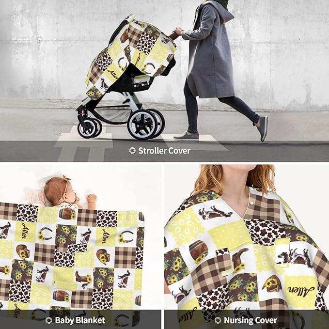 Personalized Cowboy Plaid Baby Infant Car Seats Canopy for Babies with Name, Custom Western Multi-use Blankets for Baby Boys Girls, Peekaboo Minky Nursing Stroller Cover Canopies for Newborn