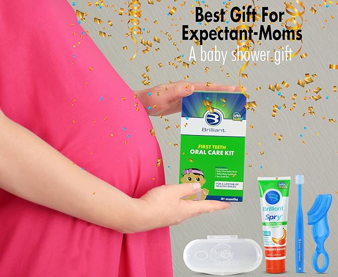 First Teeth Oral Care Kit by Brilliant Oral Care- Set has Baby's 1st Teether-Brush, Brilliant Baby Toothbrush and 2oz Spry Xylitol Tooth Gel, Infants Age 4 Months Old and Up, Baby Must Haves, Blue