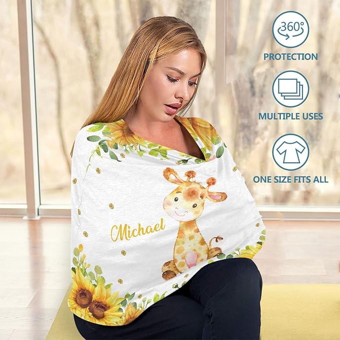 Personalized Baby Car Seat Covers with Name, Custom Nursing Cover Breastfeeding for Babies, Carseat Canopy for Girls and Boys, Infant Stroller Cover, Breathable Carseats Cover (Giraffe Sunflower)