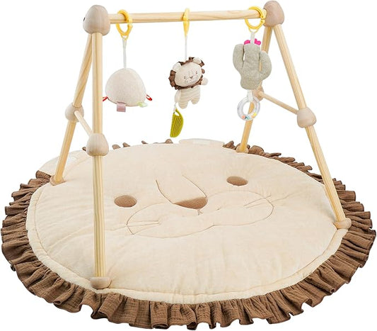 4-in-1 Wooden Baby Play Gym & Activity Mat, Soft Cotton Tummy Time Mat for Babies 0+,with 3 Detachable Toys for Sensory & Motor Skill Development,Newborn Infant Baby Essentials Gift,Light Brown-Lion