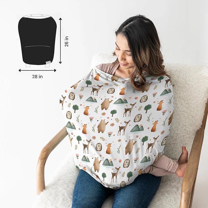 HawSkgFub Boho Animal 5-in-1 Car Seat Cover for Baby Boy Girl Gift, Bohemia Forest Bear Fox Deer Owl Privacy Breastfeeding Nursing Cover, Newborn Infant Multi-use Carseat Canopy Carrier
