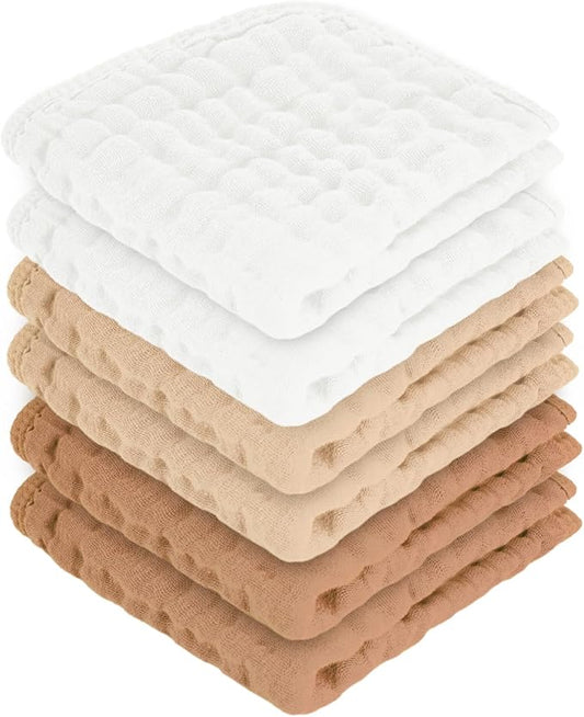 MIGIOL Baby Washcloths 100% Cotton Size is 12x12 inches. Lightweight, Portable, and Ideal for use at Home or on The go.(White & Coffee 6 Pieces)