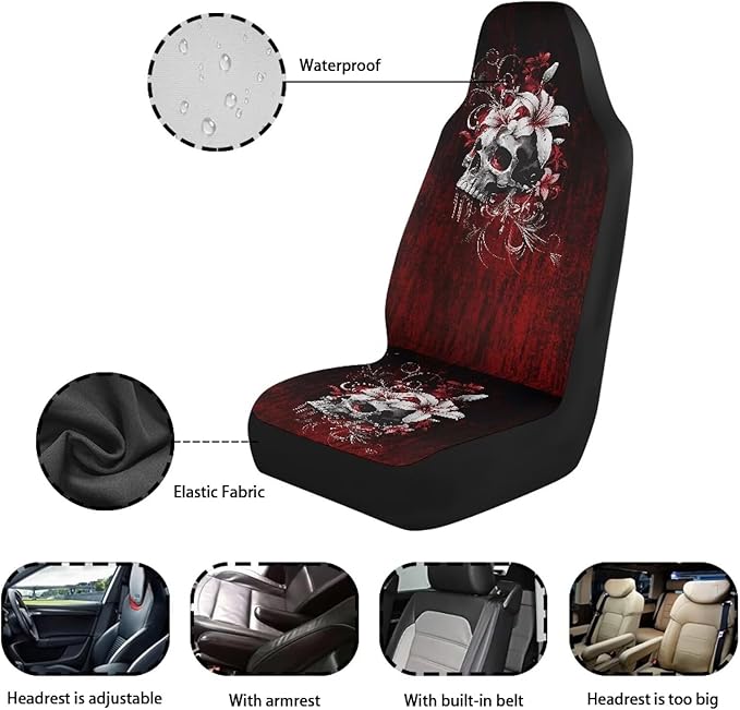 Skull Car Seat Covers for Front Seat Waterproof Car Seat Cover Protection Interior Accessories Easy to Install and Clean Universal for Cars Truck SUV Van