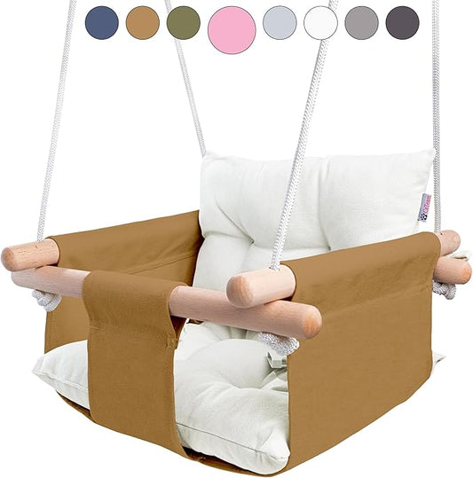 CaTeam - Canvas Baby Swing Chair, Wooden Hanging Seat with Safety Belt, Durable and Comfortable for Kids, Indoor and Outdoor Use, Mounting Hardware Included, Ocher