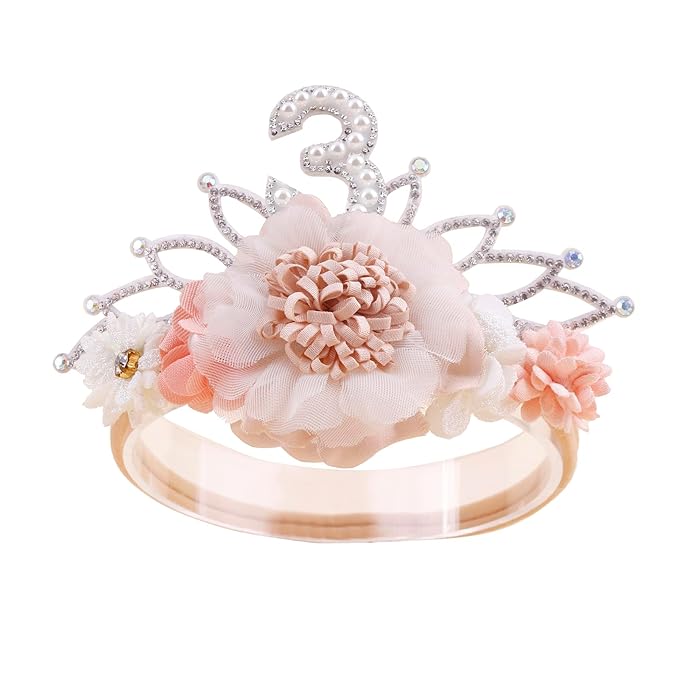 cherrboll Flower Headband Birthday Crown for Girl, Floral Nylon Hairband for 1-3 Years Old Toddler, 3rd Birthday Party Dress Photo Decoration Hair Accessory
