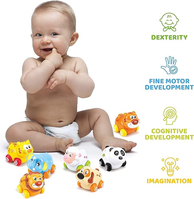 Liberty Imports 8 PCS Cartoon Animals Friction Push and Go Toy Cars Play Set for Babies and Toddlers | Cute Mini Play Vehicles Party Favors - Age 18 Months and Up
