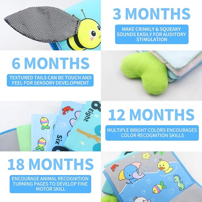 Caterbee Baby Mirror Toys, Inant Tummy time Toy Cloth Book with Mirror, Fun Crinkly Sounds for Early Learning and Developmental Playtime 0 Months up