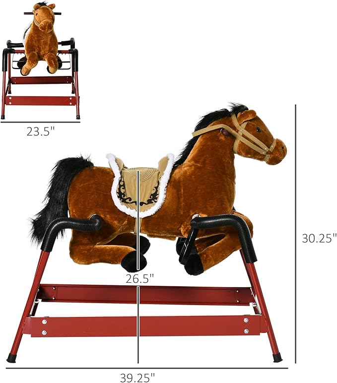 Qaba Kids Spring Rocking Horse, Ride on Horse for Girls and Boys with Animal Sounds, Plush Animal Ride-on Toy with Soft Feel, Interactive Toy for Kids, Light Brown
