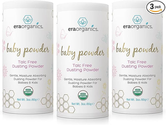 Era Organics Talc-Free Organic Baby Powder - USDA Organic Dusting Powder with Arrowroot, Calendula and Cornstarch for Newborns, Babies or Toddlers - Soothing, Fragrance Free (3oz/85g) - 3 Pack