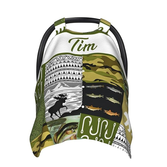 Personalized Baby Car Seat Canopy for Babies with Name, Custom Hunting Theme Car Seat Covers for Boys Girls, Opening Minky Nursing Breastfeeding Stroller Cover Carseat Canopies for Infant Newborn