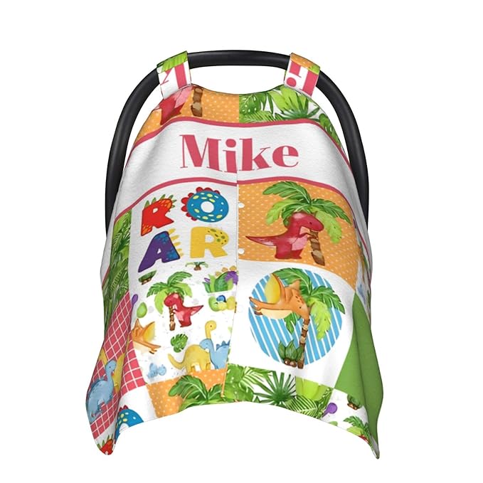 Personalized Baby Car Seat Canopy for Babies with Name, Custom Car Seat Covers for Boys Girls, Dinosaur Green Nursing Breastfeeding Stroller Cover Infant Carseat Canopies for Newborn