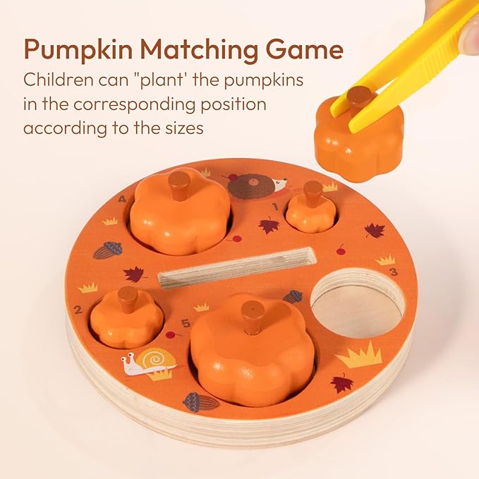 Woodtoe Montessori Toys for 3 4 5 6 Year Old, Pumpkin Picking Magnetic Leaves Tree Toy, Toddler Fine Motor Skill Toy, Wooden Sensory Color Sorting Toys, Autumn Pumpkin Toy Birthday Gifts for Kids 3-6