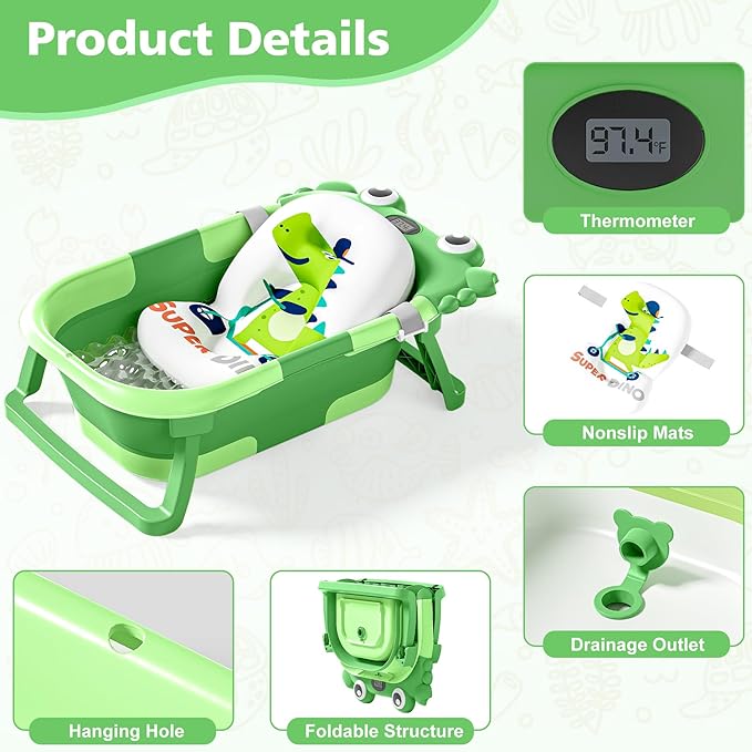 Collapsible Baby Bathtub for Newborns with Thermometer and Soft Floating Cushion Portable and Foldable Travel Baby Bath Tub for Infants to Toddler 0-36 Month(Dark Green)