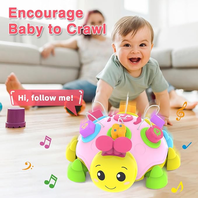 Baby Toys 6-12 Months,Musical Ladybug Crawling Toy and Seahorse Plush Toy for Infants 0-3-6 7 8 9 10 12-18 Months,Early Education Light Up Music，Shape Matching,Tummy Time Toys for Boy Girl Gift.