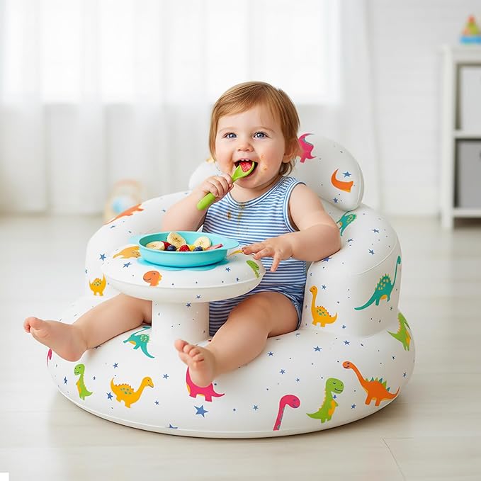 Inflatable Baby Seat with Tray and Built-in Air Pump, 3-36 Months Baby Floor Seat for Sitting Up, Portable Blow Up Baby Chair for Feeding, Travel, Beach (Dinosaur)