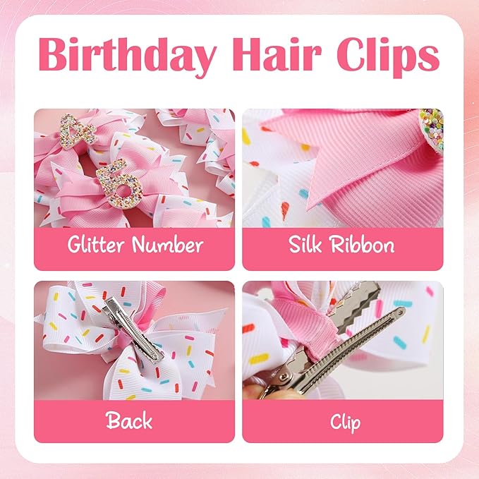 2 Pack 5th Birthday Hair Bow for Girls, Pink Hair Clip Hair Accessories for Girls 1 2 3 4 5 6 Years Birthday Confetti Ice Cream Party Supplies Decorations