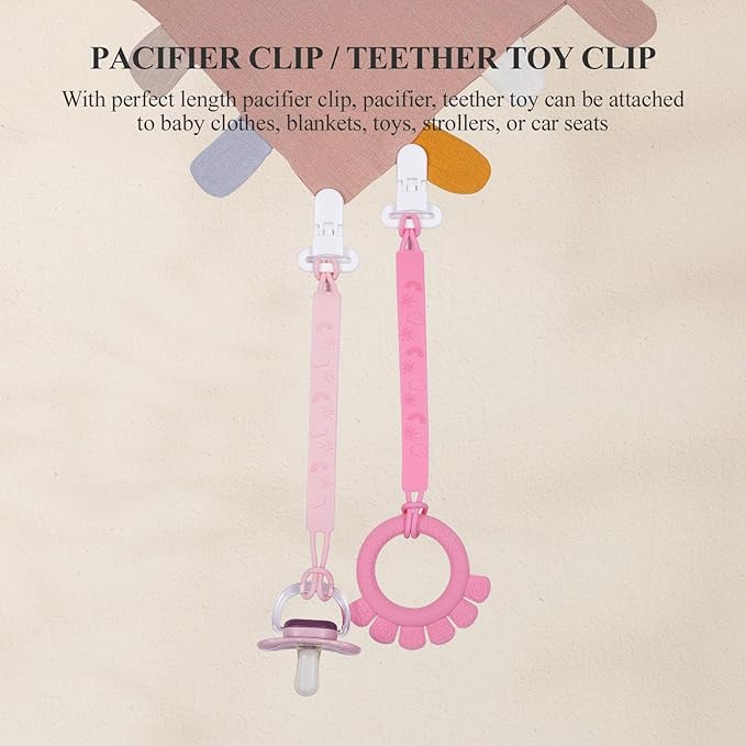 One Piece Design Silicone Pacifier Clip Holder for Baby Boys and Girls,Pack of 4 Flexible Paci Leash,Binky Clips,Newborn Essentials (Sun & Cloud & Rainbow, Pink)