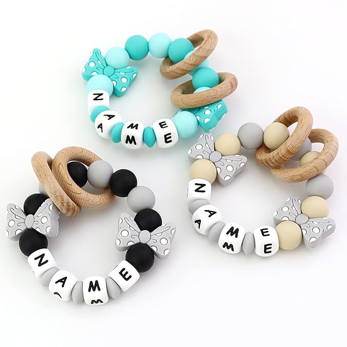 Personalized Baby Teether Ring with Name Custom Silicone Rattle Teething Bracelet with Natural Beech Wood Customizable Toddler Newborn Baby
