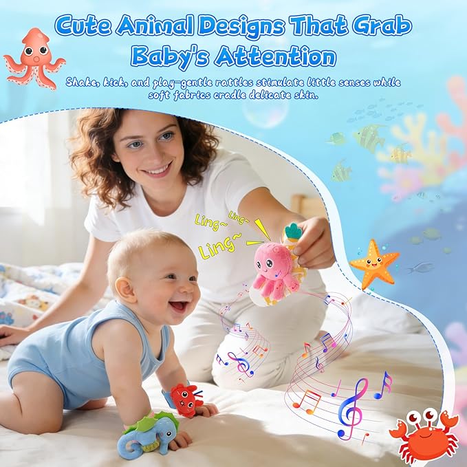 Baby Wrist Rattle Foot Finder Socks Set, CPC Safe Sensory Plush Toys for 0-12 Months Newborn Boys Girls, Ocean Rattles Baby Shower Registry Gift for Expecting Moms Essentials